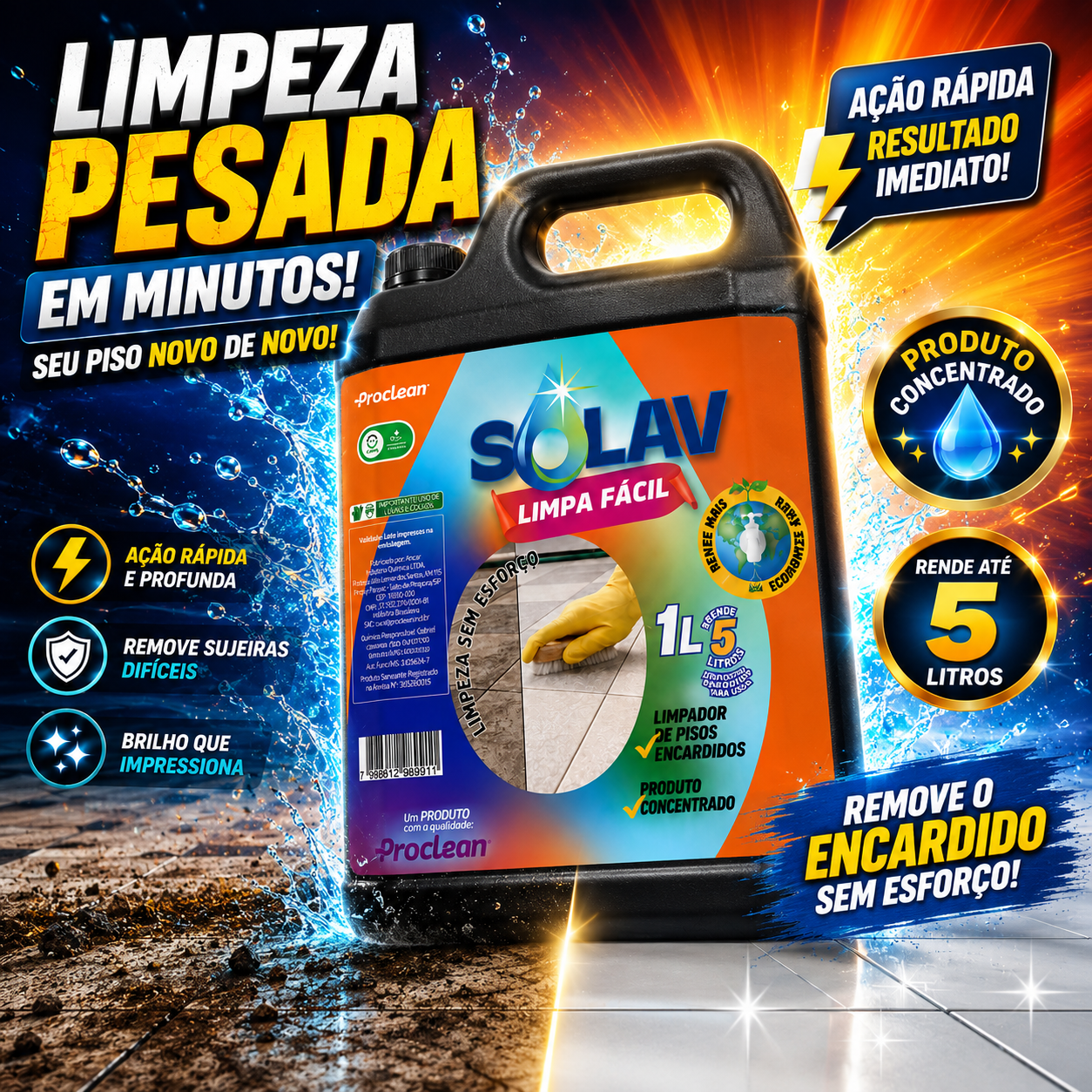 Limpador de Piso Encardido Solav Limpa Fácil ProClean Rende 5L